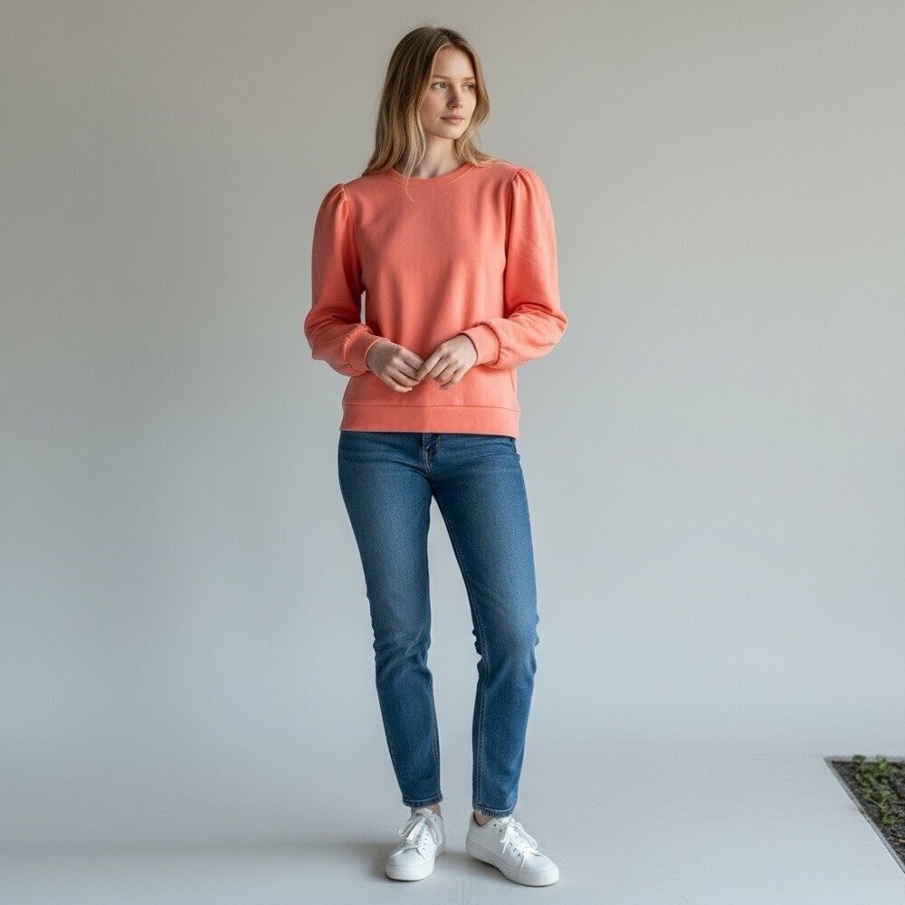 Joe’s Jeans Coral Puff Sleeve Sweatshirt Cotton Blend Crewneck Pullover Top L